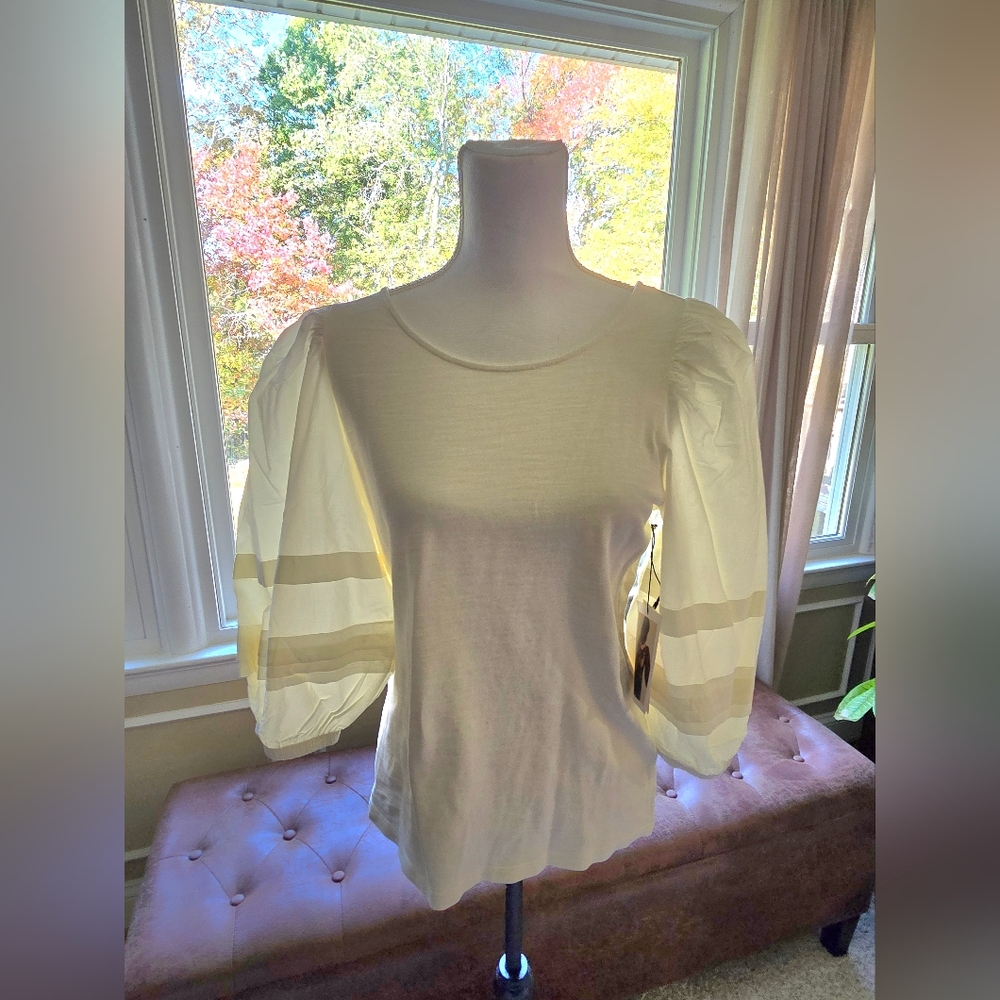 NWT, Anthropologie, Mixed Material, Balloon Sleeve, Ivory, Size M